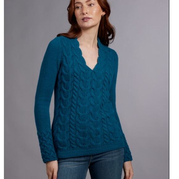 Aran Sweater Market Wool Cashmere Cable V-Neck Pullover Teal Harbour Women's XL - Picture 2 of 8
